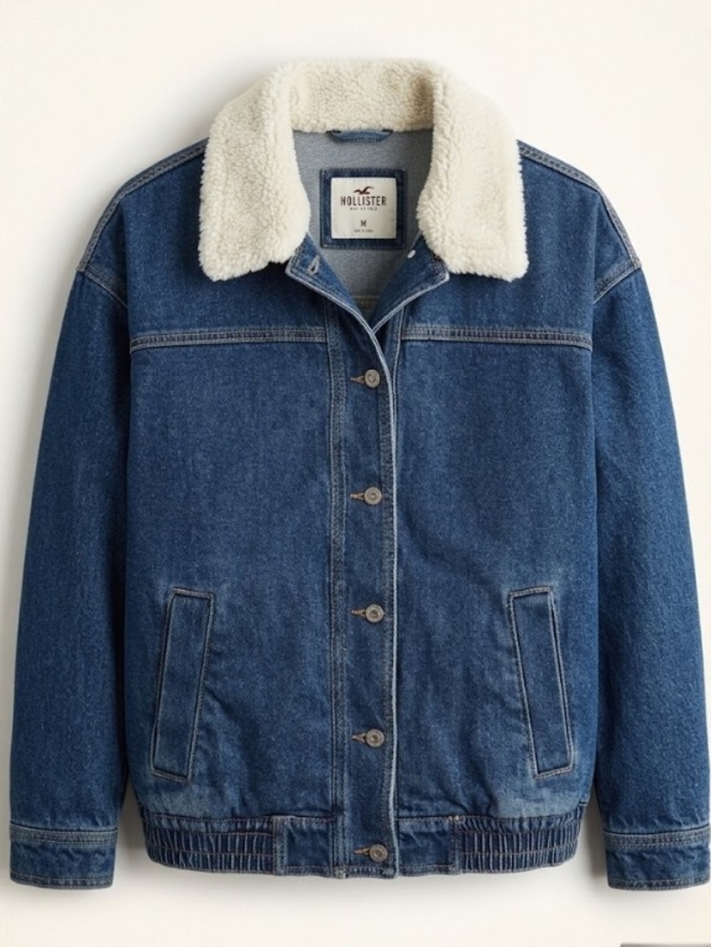 Hollister Blue Denim Jacket Cream Sherpa Collar (Sz M) Classic Comfy Layer